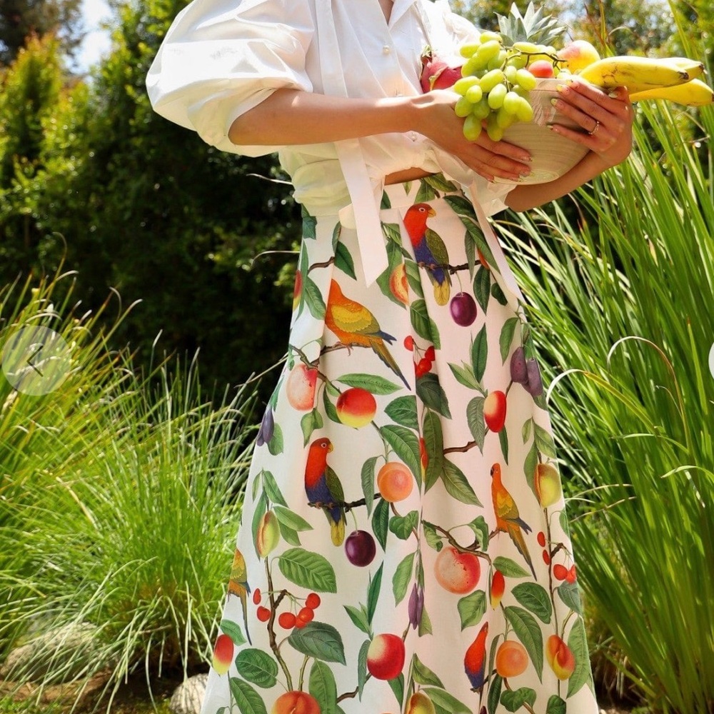 Eva Franco White Maxi Skirt with Colorful Tropical Bird & Fruit Print
